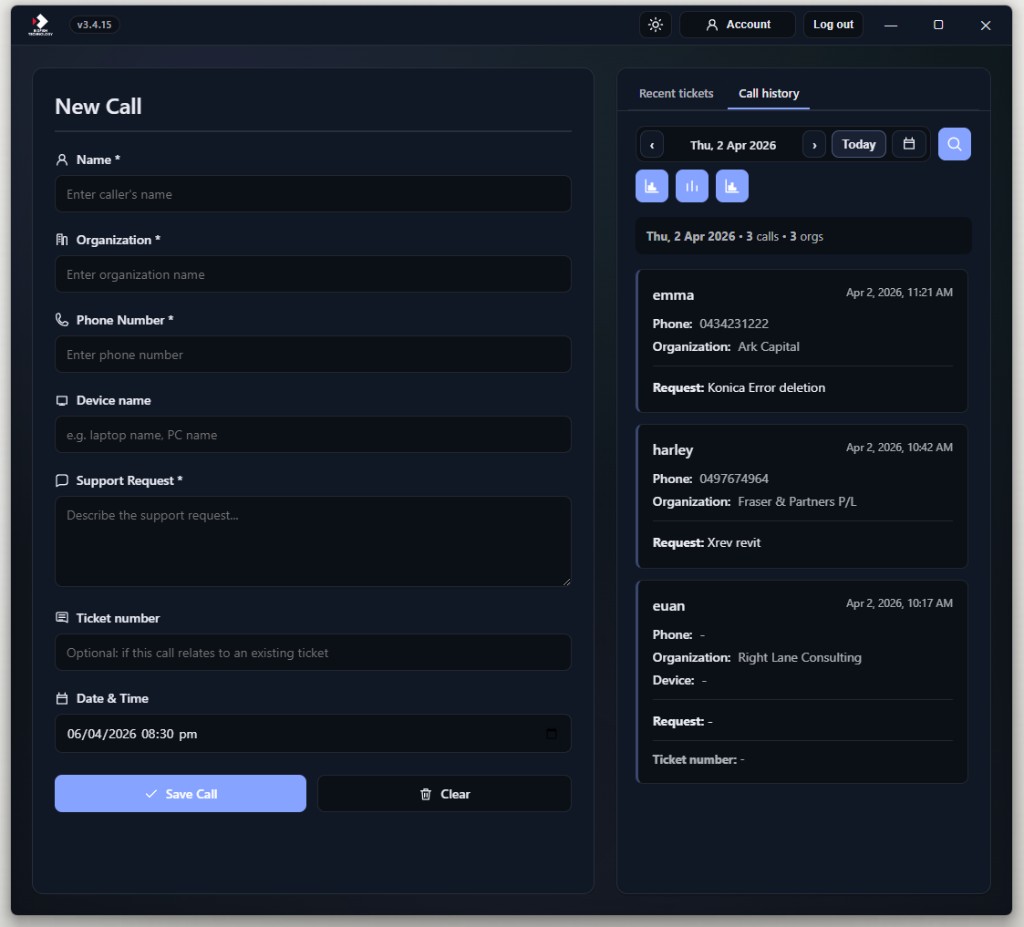 Call Log desktop app showing the New Call form on the left and Call History with day navigation and search on the right